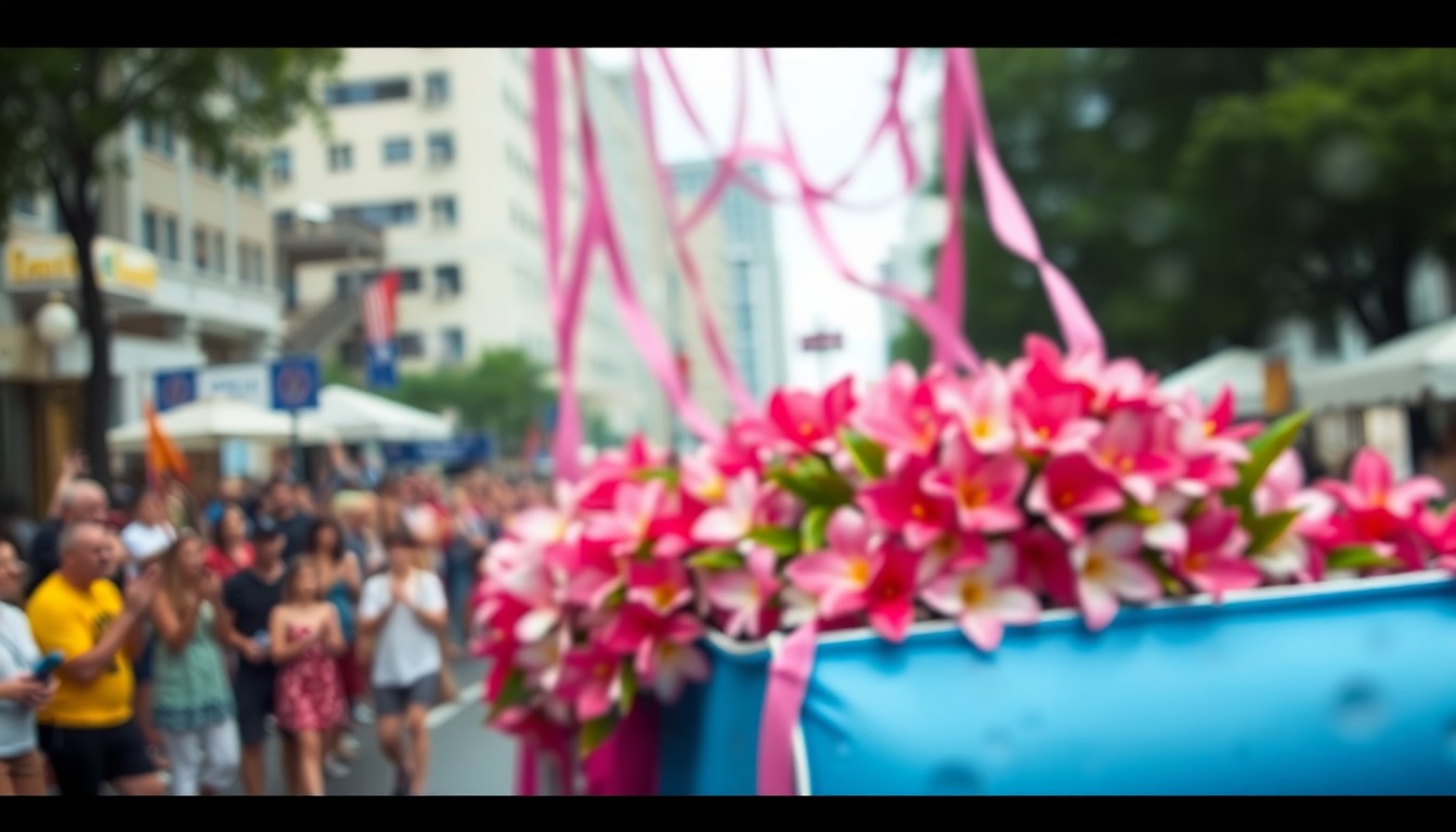 An impressionistic, out-of-focus photograph showing the vibrant colors and energy of a parade float covered in azalea blooms, with a blurred background of cheering crowds.