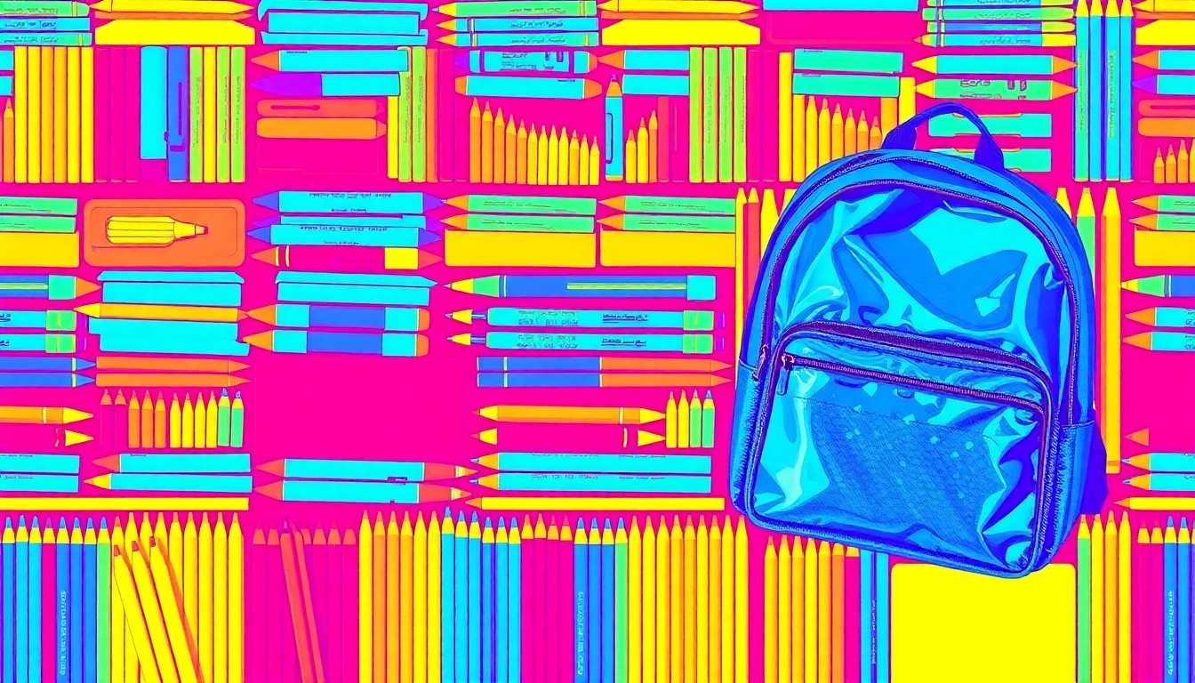 A bold, colorful silkscreen-style illustration featuring a repeating grid of school supplies like pencils, markers, and a clear backpack, rendered in a high-contrast, neon-infused pop art style.