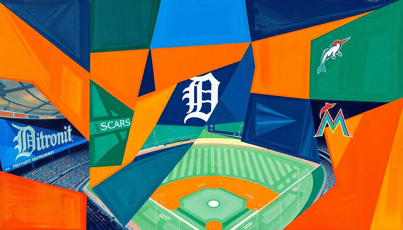 A fragmented, geometric painting depicting the motion and energy of a baseball game, with sharp planes of bright colors representing the players and field.