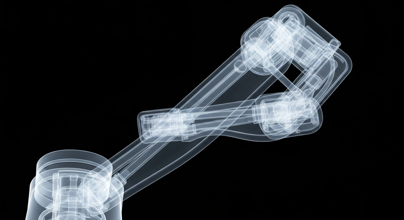 A translucent X-ray-style image revealing the intricate internal structure of a robotic surgical arm, highlighting the advanced technology that will enable greater precision and safety for joint replacement procedures at VacaValley Hospital.