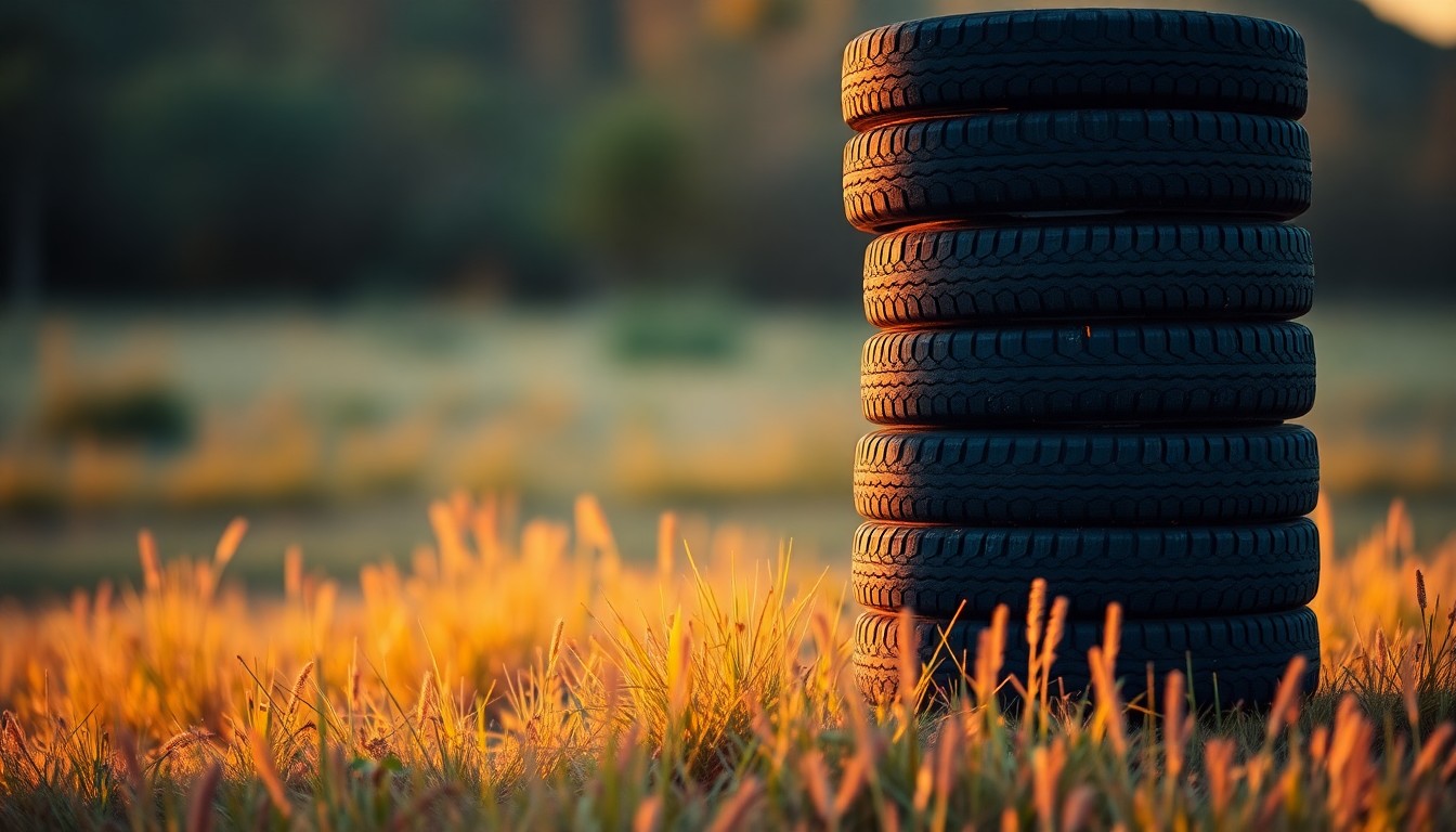 An abstract, impressionistic photograph of a stack of old tires in a grassy field, with the tires and surroundings blurred into soft, colorful shapes and textures, conveying a sense of environmental responsibility and community care.