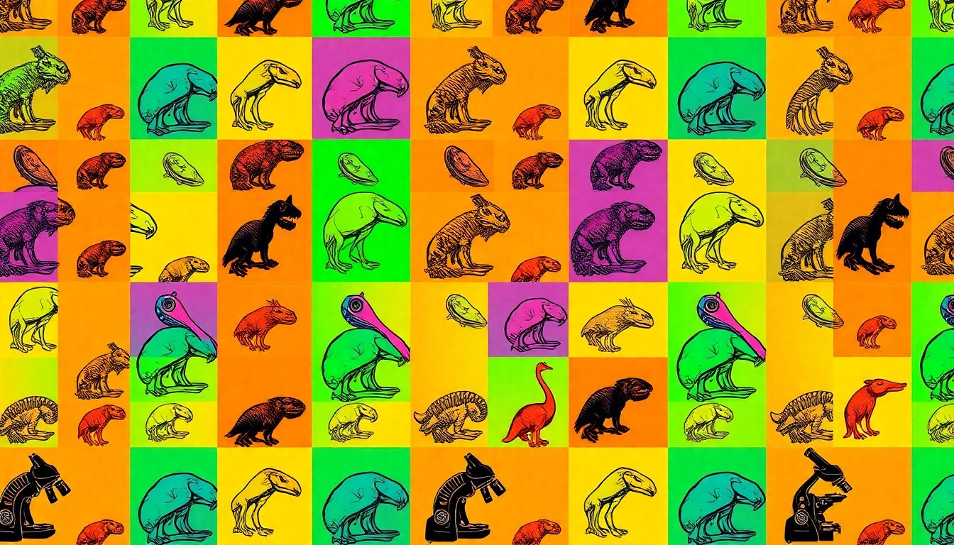 A brightly colored, high-contrast silkscreen print of a fossilized trilobite repeated in a tight grid pattern, capturing the playful and educational spirit of the Collection Crawl event.