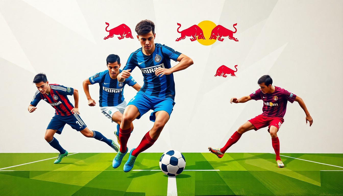 A fractured, multi-perspective painting depicting a soccer match between two teams, with the players' forms abstracted into dynamic, angular shapes and the ball and field lines cutting through the composition in a vibrant, cubist-inspired style.