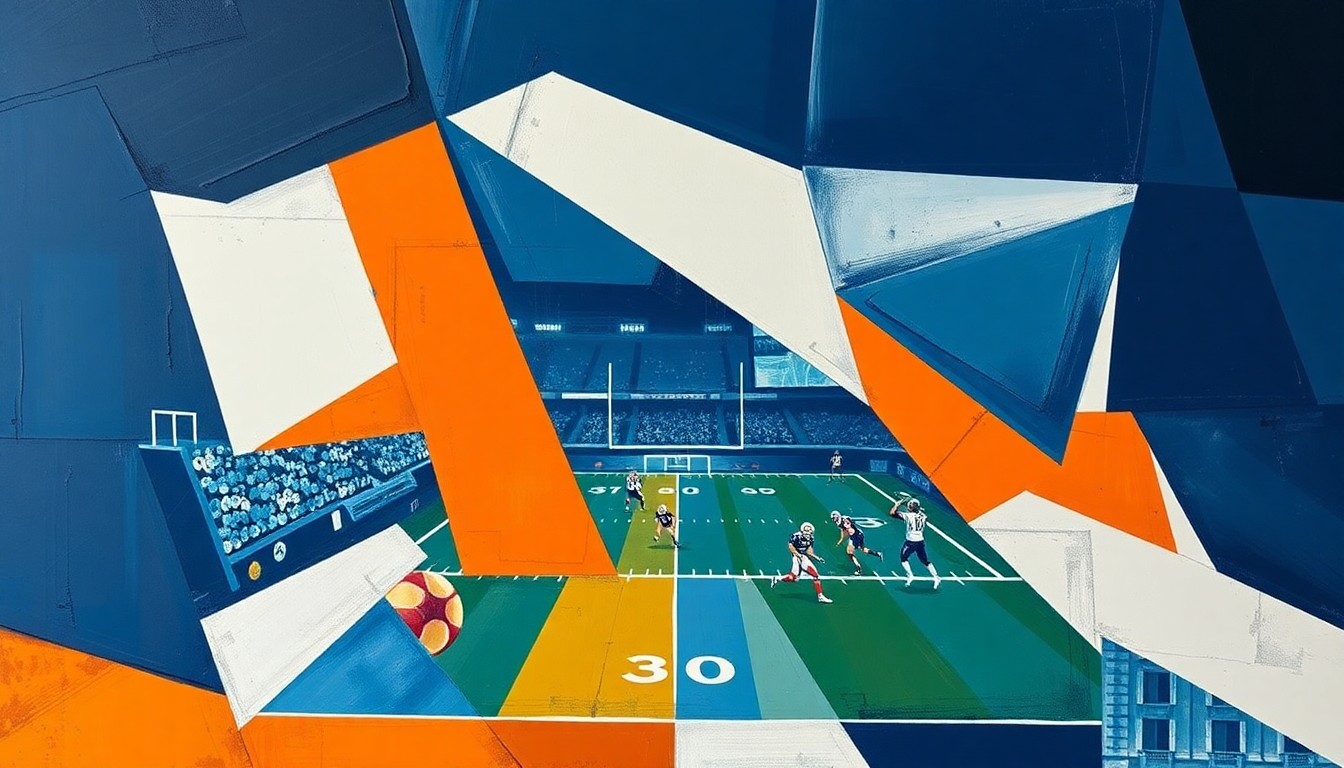 A cubist, geometric painting depicting a fragmented football game, with sharp, overlapping planes of navy blue, orange, and white, conveying the complex strategic decisions facing the Broncos ahead of the NFL Draft.