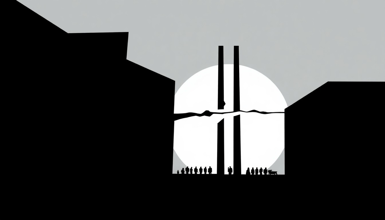 An abstract, minimalist illustration featuring sharp, jagged geometric shapes in muted blues and grays, conceptually representing the severed ties between the Washington National Opera and the Kennedy Center.
