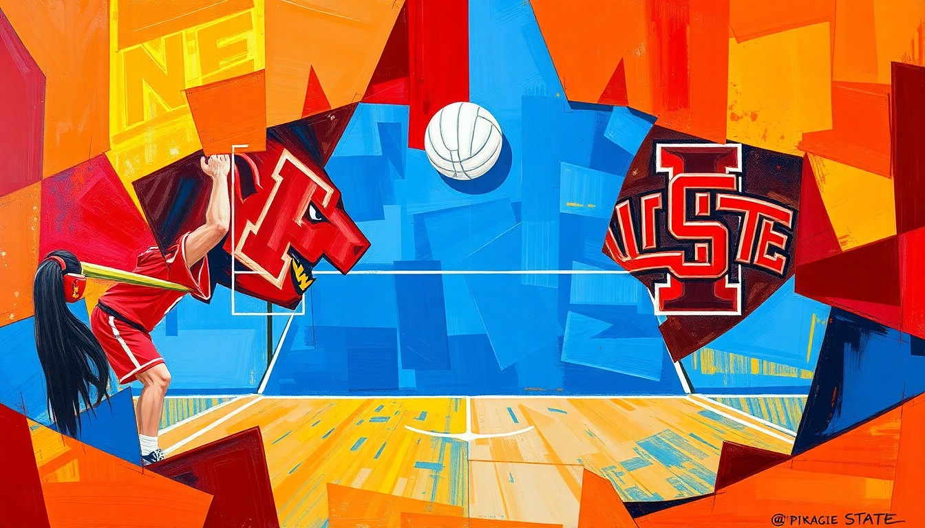 A fractured, geometric painting depicting a volleyball match, with sharp planes of red, blue, and gold representing the teams in action.
