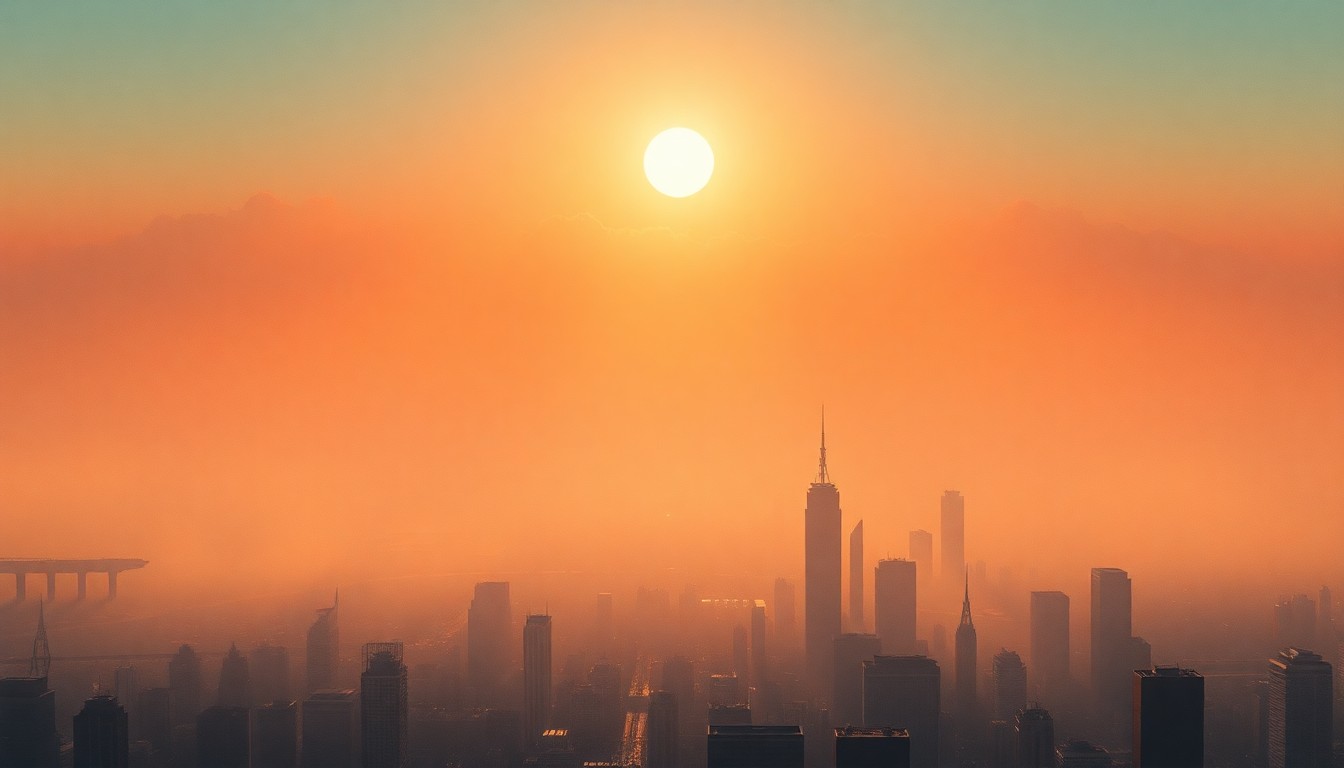 A sweeping, atmospheric landscape painting in muted tones of ochre, sienna, and hazy blue, depicting a cityscape of tall buildings and monuments shrouded in a shimmering heat haze, conveying the overwhelming power of the natural world.