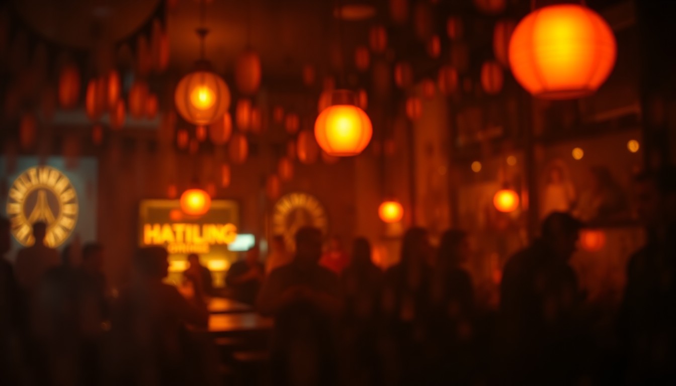 An abstract, out-of-focus photograph depicting the dimly lit, cozy interior of a bar, with people gathered around tables and the bar itself, all in soft, warm pools of color and light, conveying a sense of community and inclusivity.