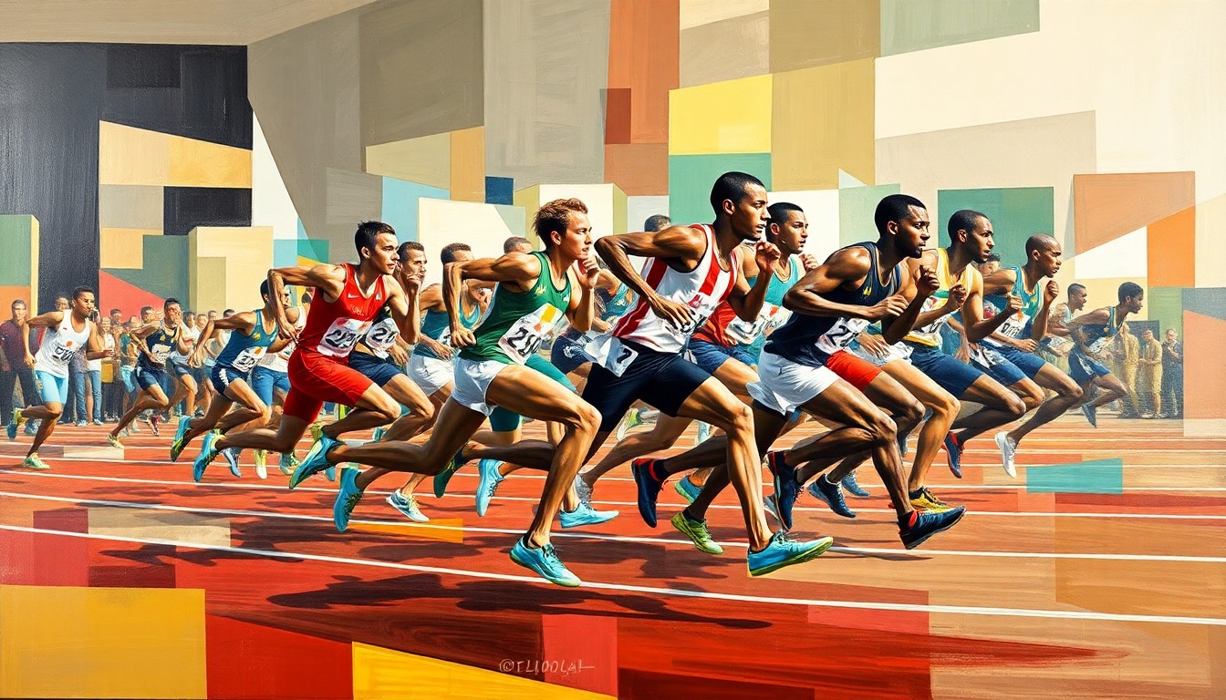 A fragmented, geometric painting depicting the motion and energy of a 100-meter sprint race, with sharp planes of color and form representing the athlete's explosive speed and power.