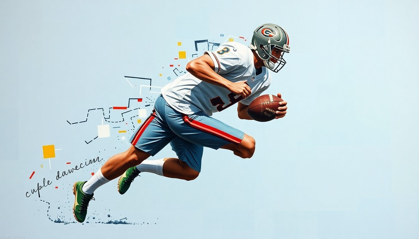 A fractured, cubist-style painting depicting the explosive energy and raw athleticism of a football player in motion, with their form broken down into sharp, overlapping geometric planes.