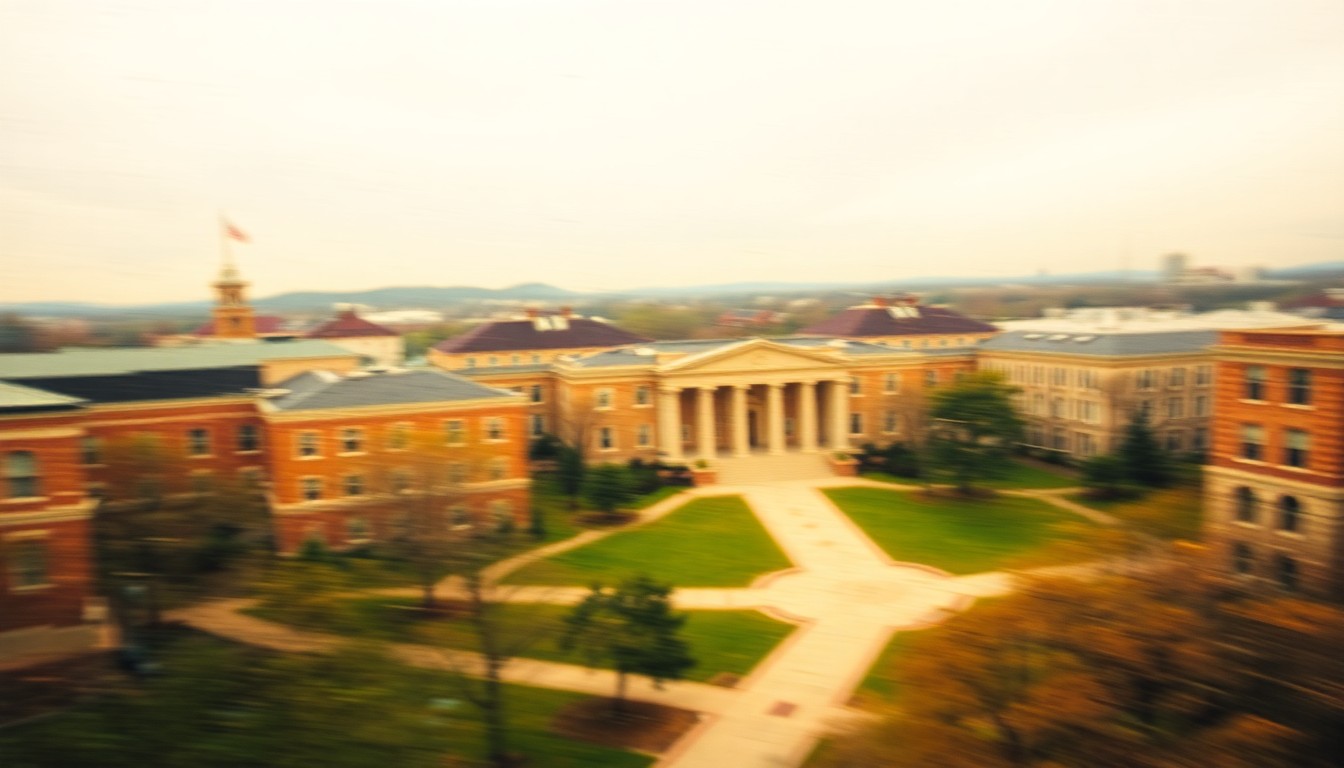 An abstract, out-of-focus photograph depicting the blurred outlines of Virginia Tech's campus buildings and grounds, with a sense of movement and energy conveying the university's forward momentum under the departing president's leadership.