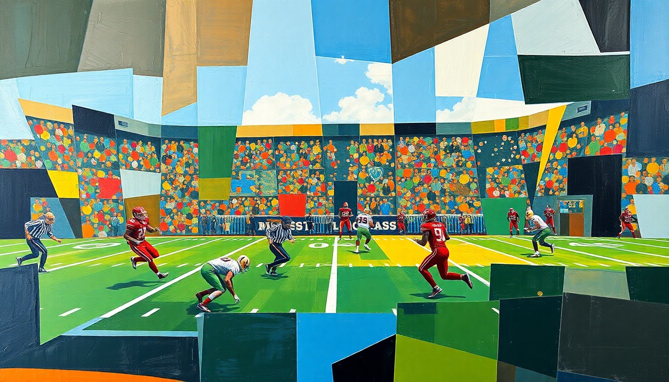 A cubist, geometric painting depicting a fragmented football game, with players and the field broken down into abstract shapes and planes of color.