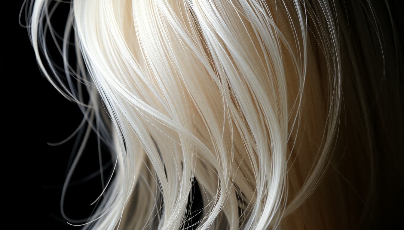 An extreme close-up of platinum blonde hair strands, captured in dramatic, high-contrast studio lighting, conceptually representing the glamour and spontaneity of a celebrity hair transformation.