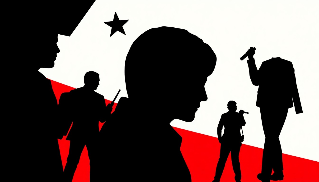 An abstract, minimalist illustration featuring bold, jagged geometric shapes in high-contrast colors, conceptually representing the themes of creative exploitation and the erasure of personal narratives in the entertainment industry.