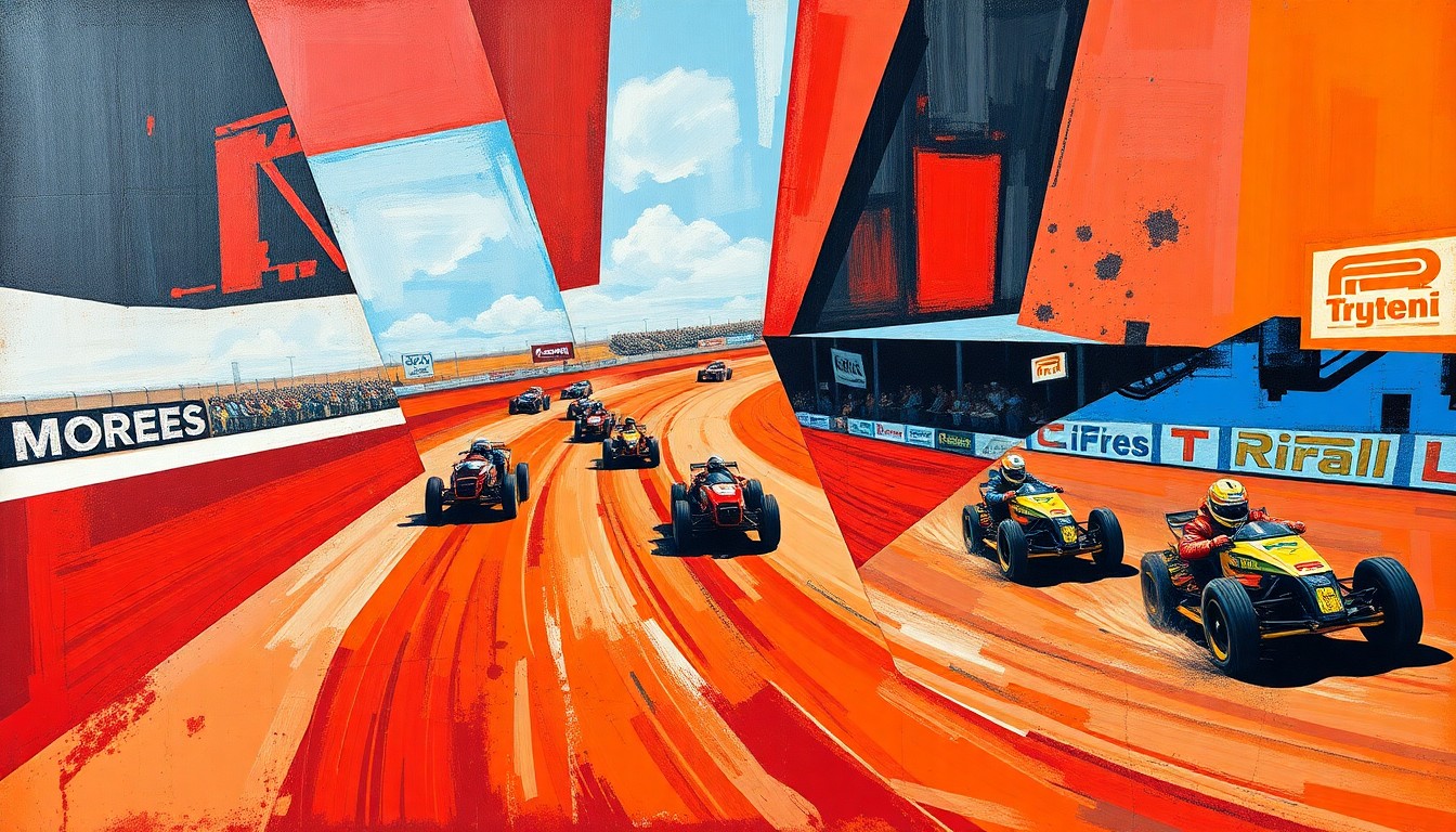 A cubist, geometric painting depicting a dirt racing scene with cars, drivers, and the track broken down into sharp, overlapping planes of vibrant colors like deep red, burnt orange, and cobalt blue.