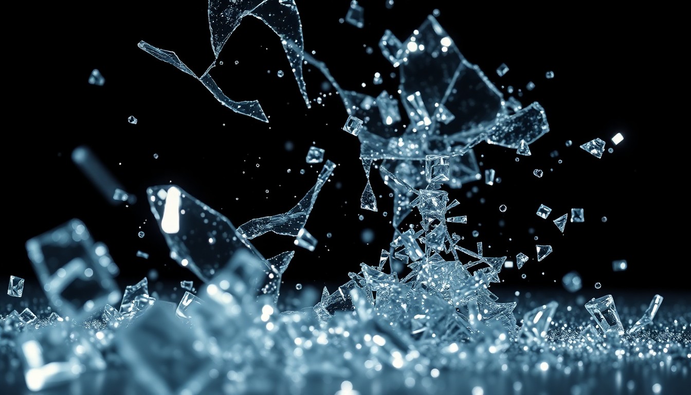 An extreme close-up of shattered glass and glittering sequins, captured in dramatic, high-contrast studio lighting to create a conceptual representation of the evolving dynamics within a high-profile celebrity relationship.