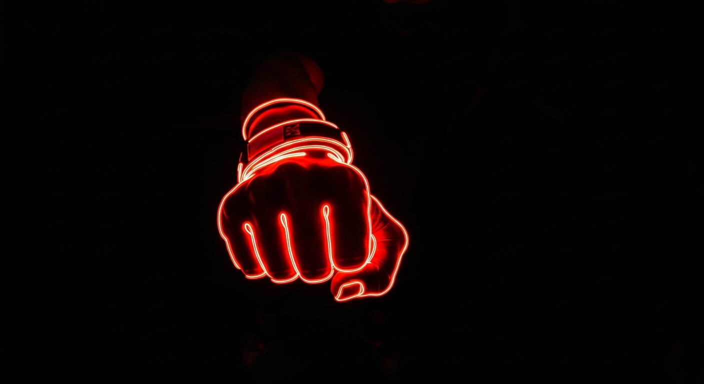 A vibrant, neon outline of a boxer's fist against a dark backdrop, conveying the energetic and therapeutic nature of high-intensity boxing as a cardiovascular exercise.