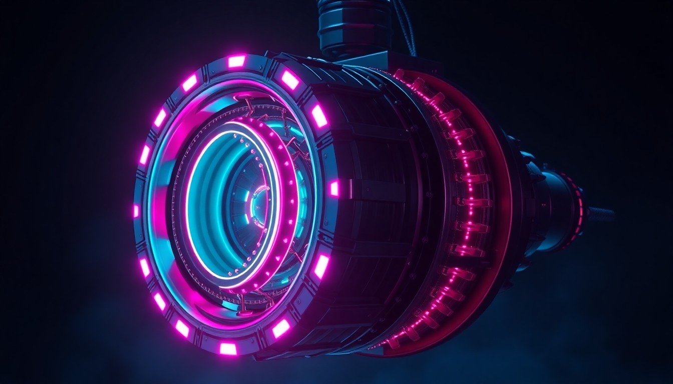 A highly detailed, glowing 3D illustration of a next-generation nuclear reactor core, with pulsing neon-cyan and magenta lights illuminating the complex inner workings of this futuristic power source, suspended in a dark, moody environment.