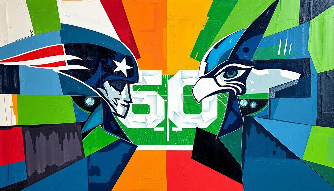 A cubist-style painting depicting the Super Bowl 60 matchup between the New England Patriots and Seattle Seahawks, with the players and field broken down into sharp, geometric shapes and planes of color.