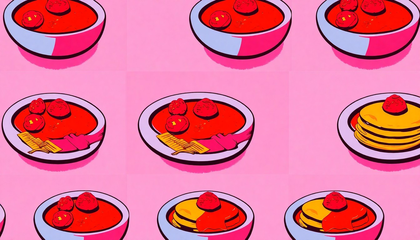 A brightly colored, high-contrast silkscreen print of a single, iconic comfort food item such as a bowl of soup or a plate of meatballs and spaghetti, repeated in a tight grid pattern, conceptually representing the personalization of nursing home cuisine through residents' own family recipes.