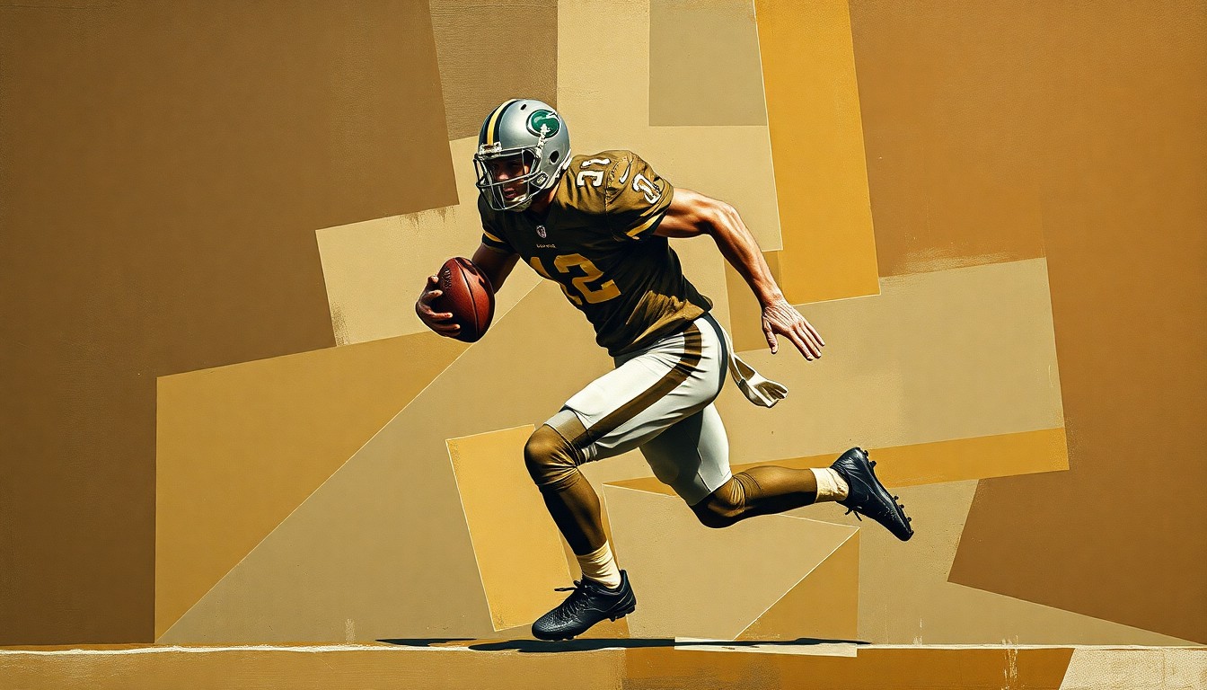 A fragmented, geometric painting depicting a football player in motion, with sharp, overlapping planes of muted earth tones conveying the dynamic energy of the NFL draft.