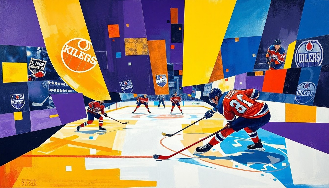 A cubist, geometric painting depicting a hockey game between the Los Angeles Kings and Edmonton Oilers, with the players and puck broken down into abstract, overlapping shapes and planes in vibrant colors.