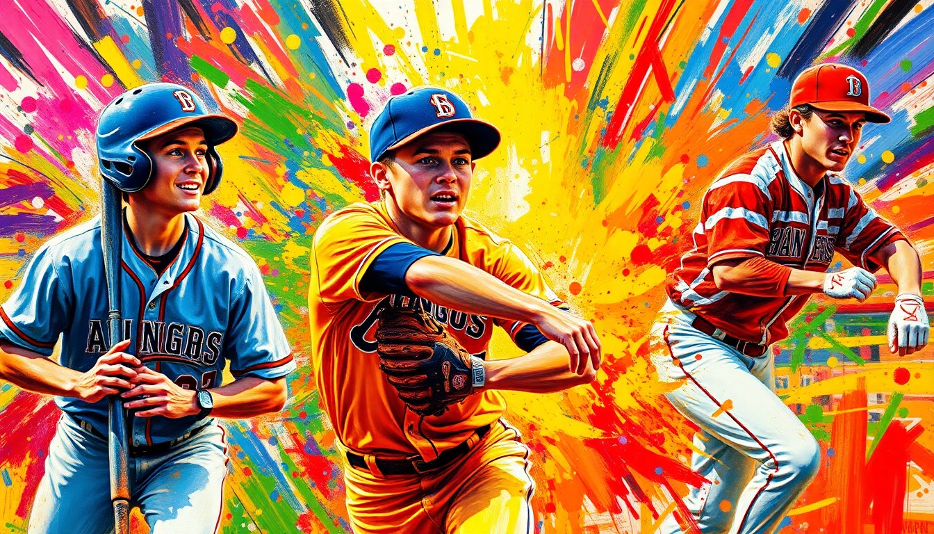 A vibrant, expressionist painting depicting the raw energy and motion of a high school baseball game, with players' forms and uniforms dissolving into colorful brushstrokes and splatters of paint, capturing the intensity and excitement of the matchup between the two teams.
