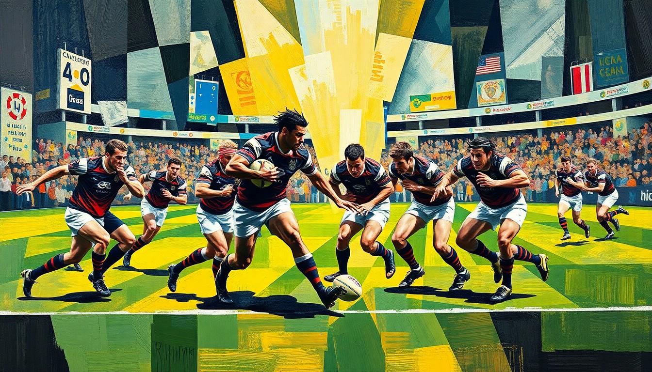 A fractured, multi-perspective painting depicting the fast-paced action and strategic maneuvering of a rugby match between two rival teams, with players' figures and the ball broken down into sharp, overlapping geometric shapes.