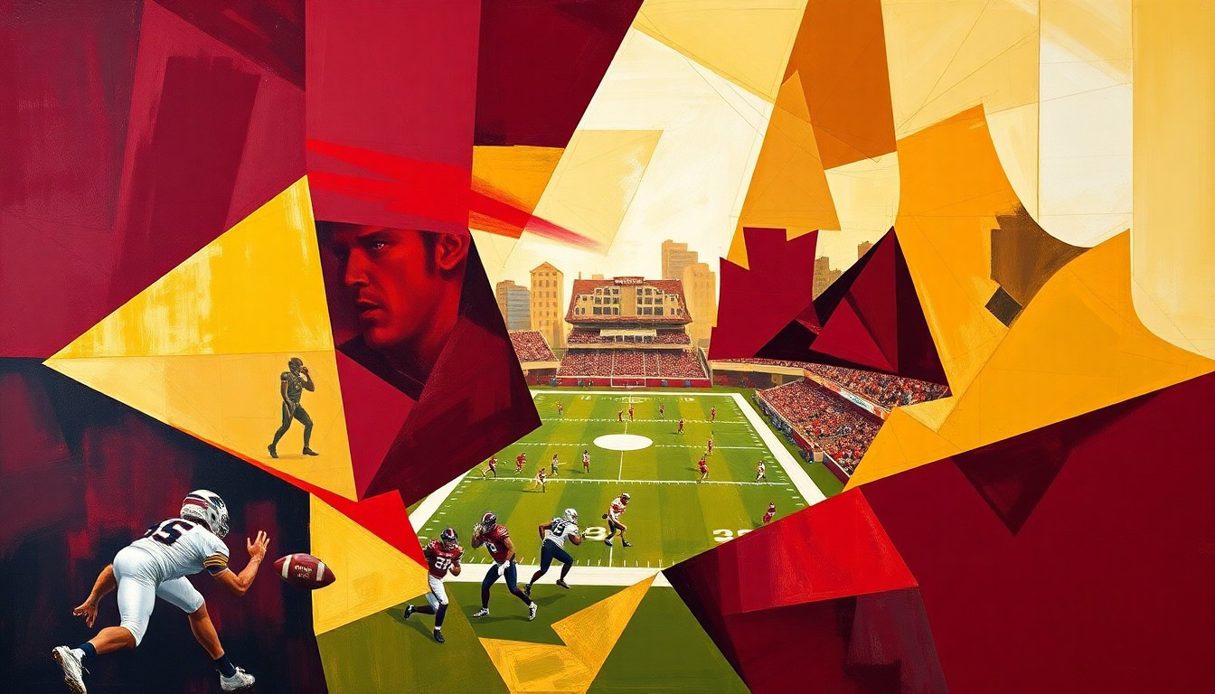 A fractured, cubist-style painting depicting a football game or match, with sharp geometric shapes and planes in the Commanders' official colors of burgundy, gold, and white, conceptually representing the team's strategic approach to roster building.