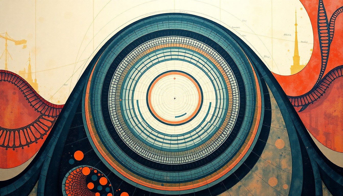 A highly abstract, geometric painting in soft, muted tones depicting the intricate, interconnected structures and forces that make up the human genome, conceptually representing the potential of AI-driven genomic research to reveal new insights and therapeutic possibilities.