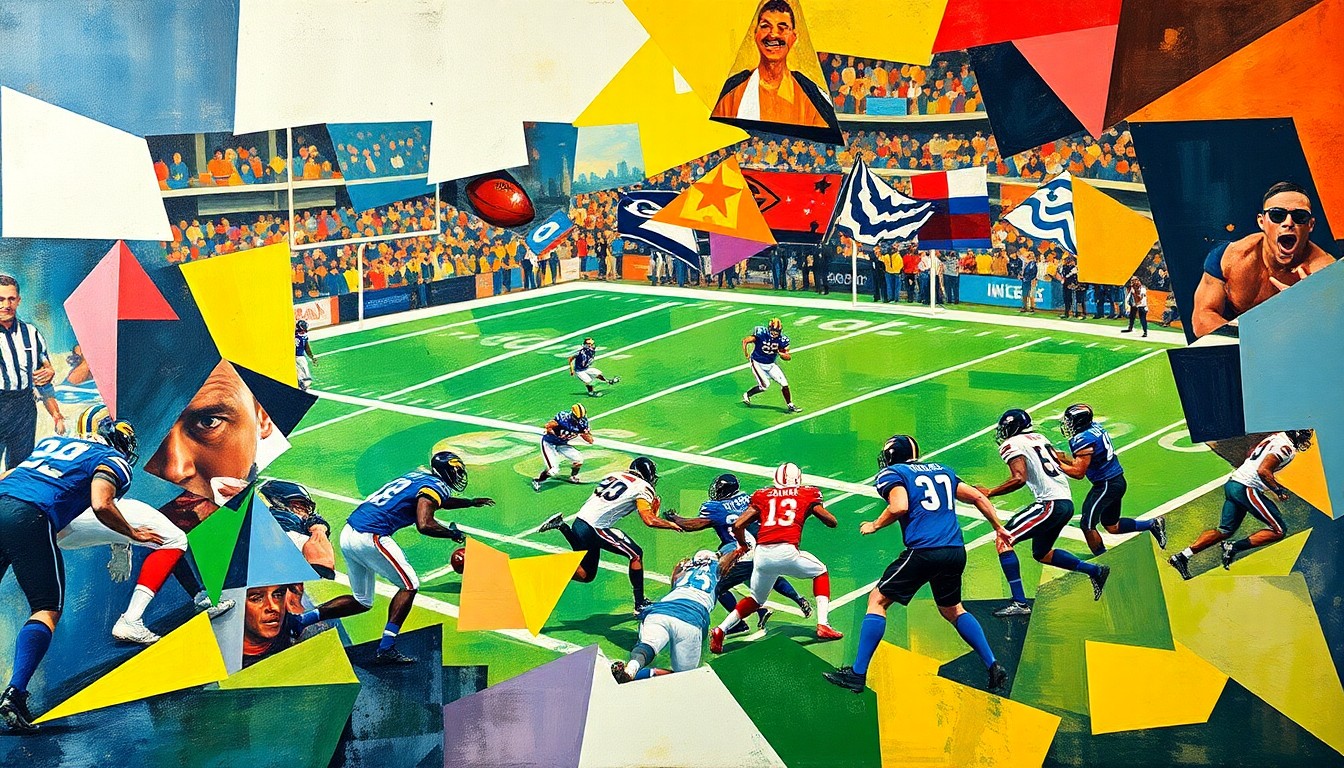 A fractured, cubist-style painting depicting the energy and movement of a football game, with players and the field abstracted into angular, colorful geometric shapes.