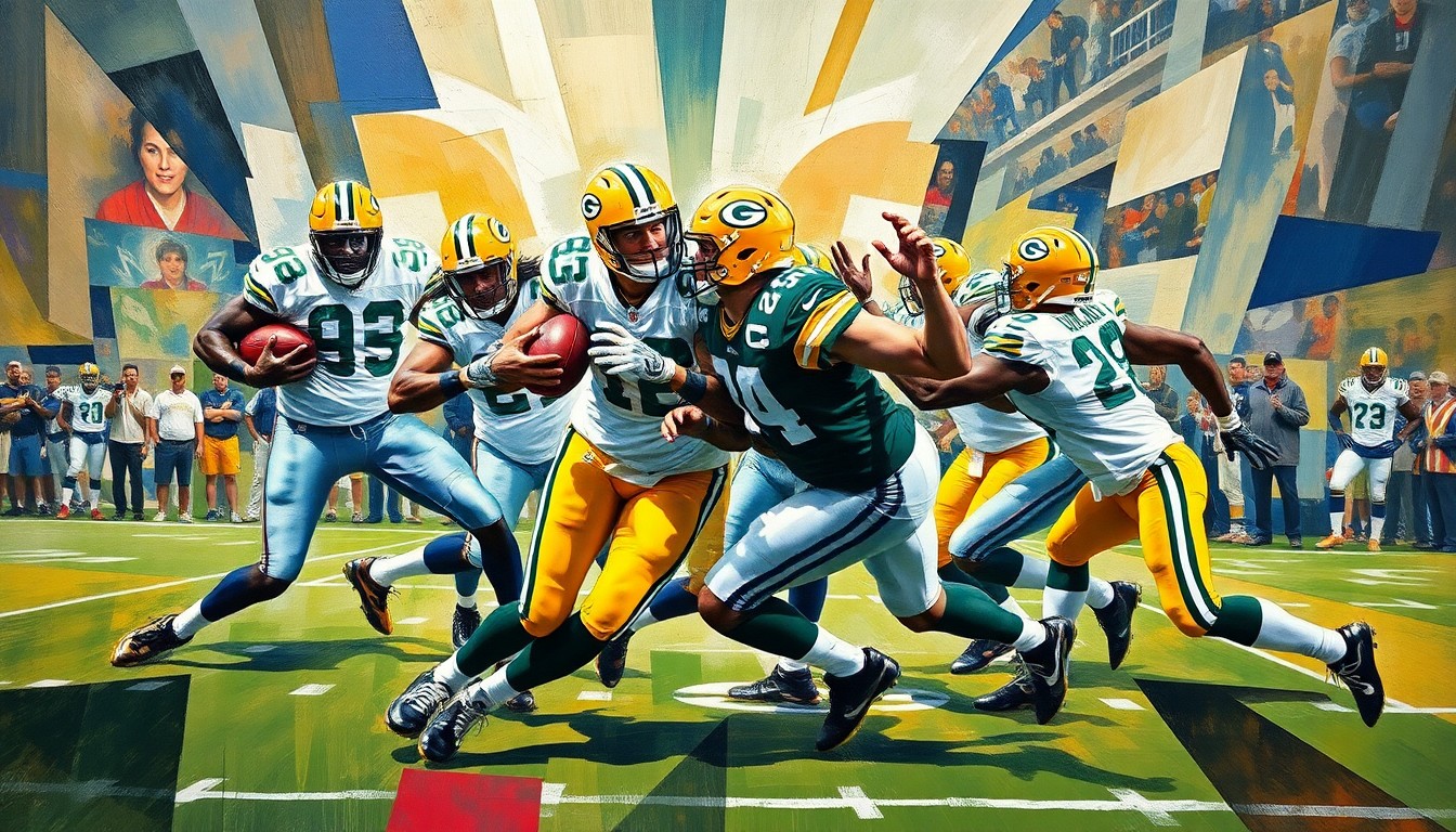 A cubist, geometric illustration depicting a fractured, multi-angled view of a Packers defensive play, with sharp planes and shapes representing the chaos and breakdown of the run defense.