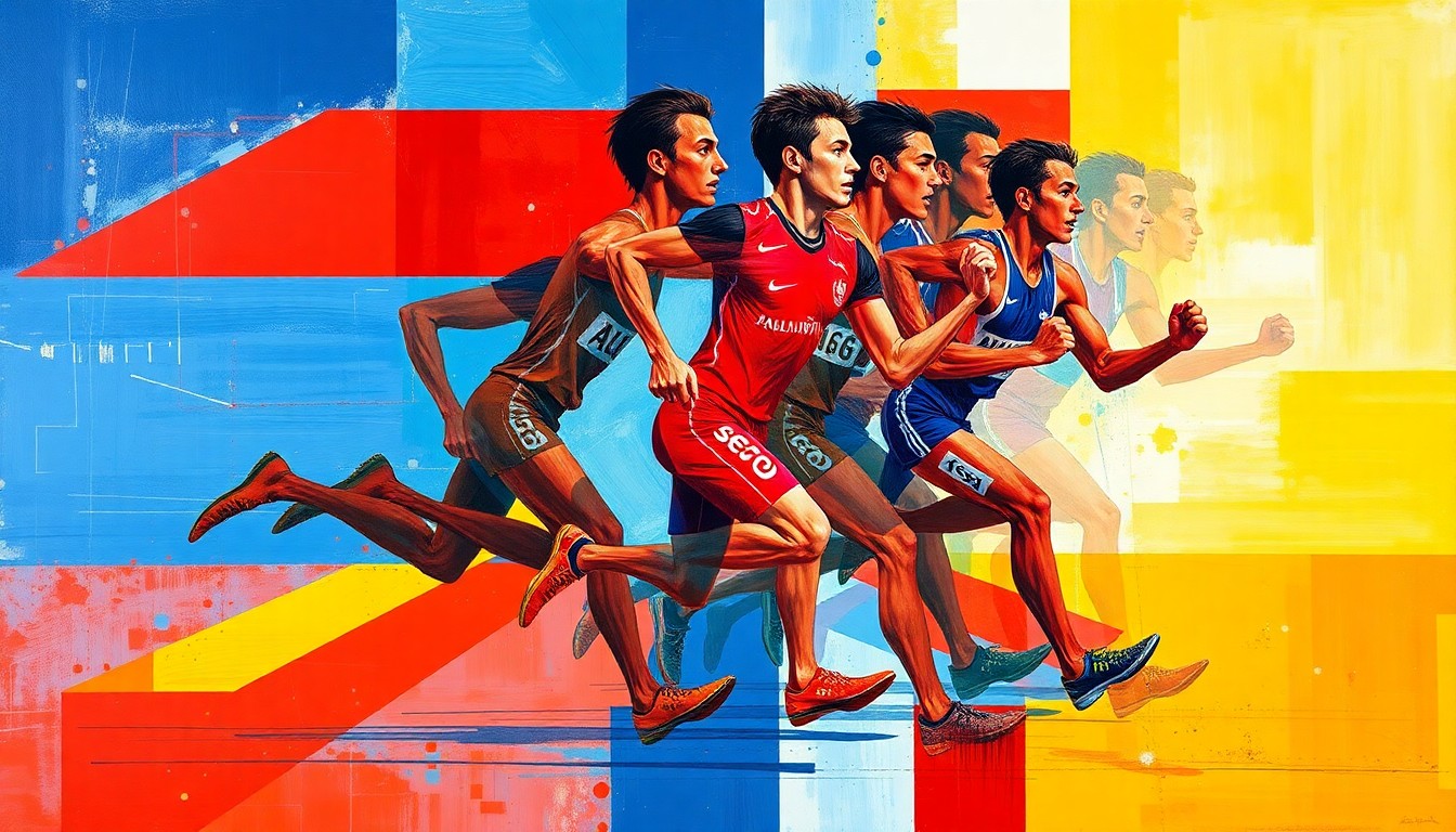 A cubist-style painting depicting a running race, with the figures and landscape broken down into sharp, overlapping geometric shapes in a vibrant color palette, capturing the energy and community of the event.