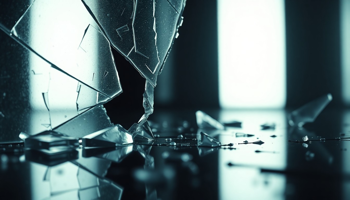 An abstract close-up image featuring shattered glass and reflective metal surfaces, captured in dramatic high-contrast studio lighting to convey the psychological tension and unsettling nature of the Apple TV series 'Before'.