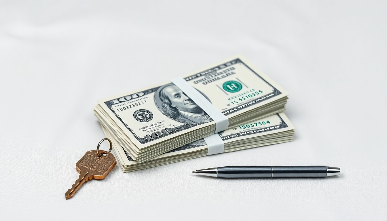 A photorealistic studio still life featuring a stack of $100 bills, a house key, and a pen on a clean, monochromatic background, symbolizing the financial incentives and home ownership opportunities offered by Detroit's new resident attraction program.