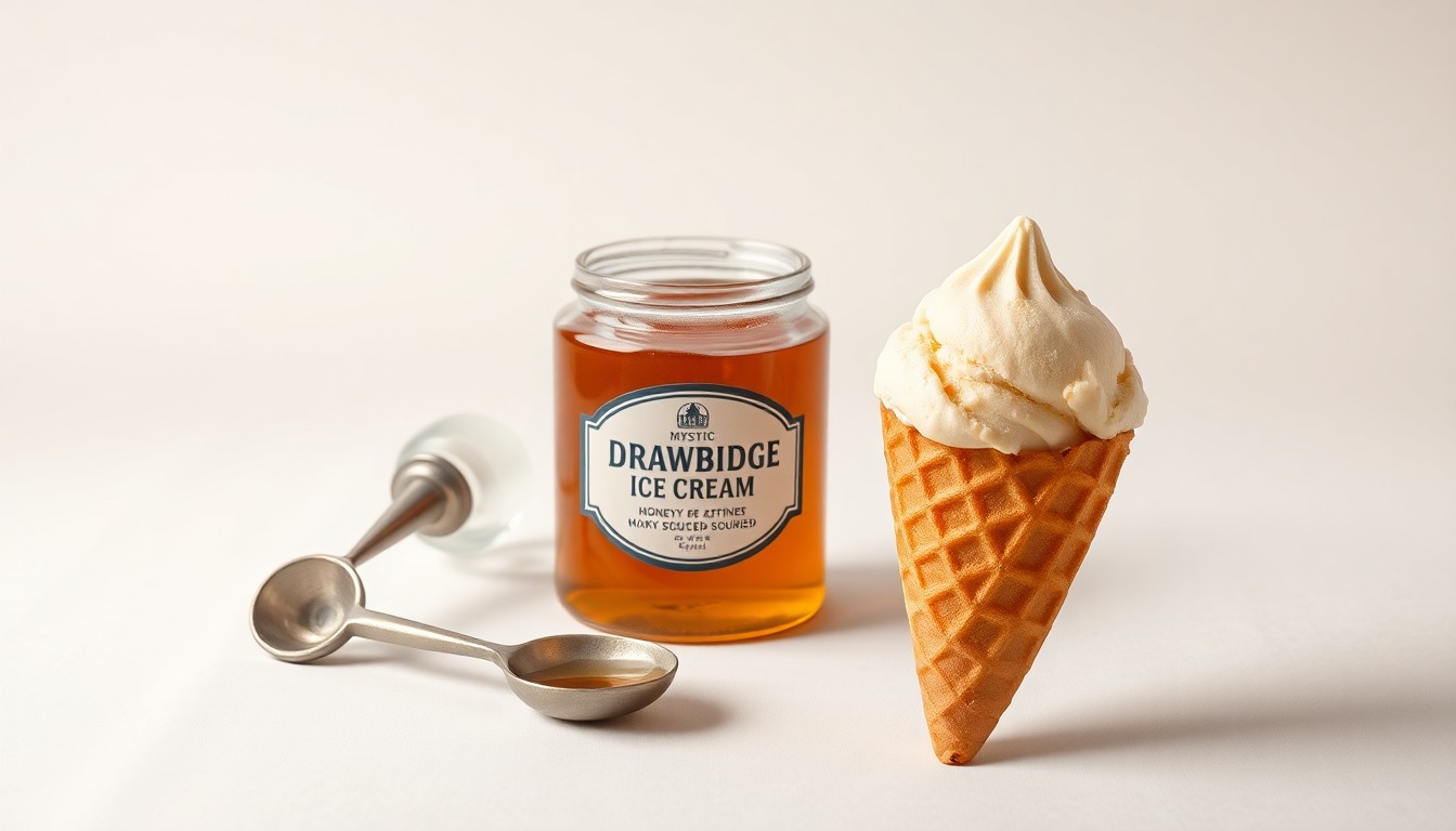 A high-end, photorealistic studio still-life photograph featuring a vintage glass ice cream scoop, a small glass jar of locally-sourced honey, and a single scoop of rich, creamy ice cream in a classic waffle cone, arranged elegantly on a clean, off-white seamless background with dramatic studio lighting.