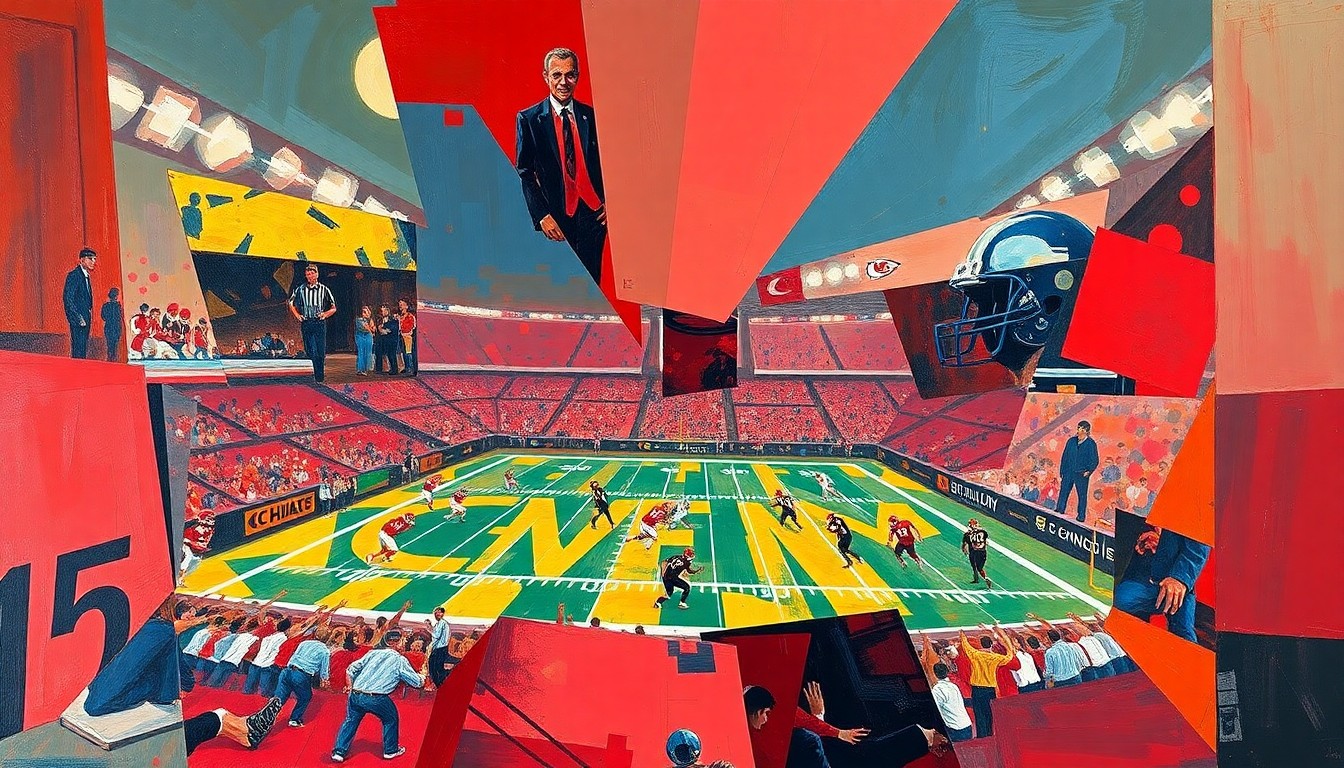 A cubist, geometric painting depicting a fragmented Kansas City Chiefs football game, with sharp, overlapping planes of muted red, gold, and blue colors, conveying the team's strategic approach to rebuilding their roster for the upcoming season.