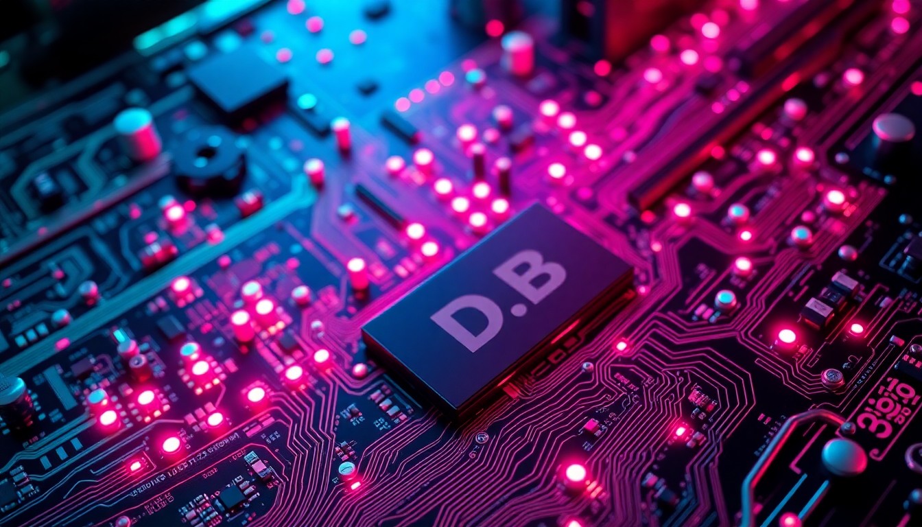 A highly detailed, glowing 3D macro illustration of a complex circuit board or data server infrastructure, with neon cyan and magenta lights illuminating the various components, conceptually representing the advanced and potentially dangerous nature of AI technology.