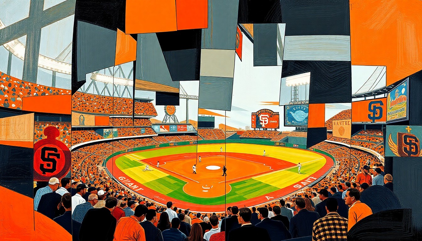 A cubist-style painting depicting a fragmented, geometric scene of a baseball game or spring training, with overlapping planes of vibrant orange and black colors representing the Giants' team colors.