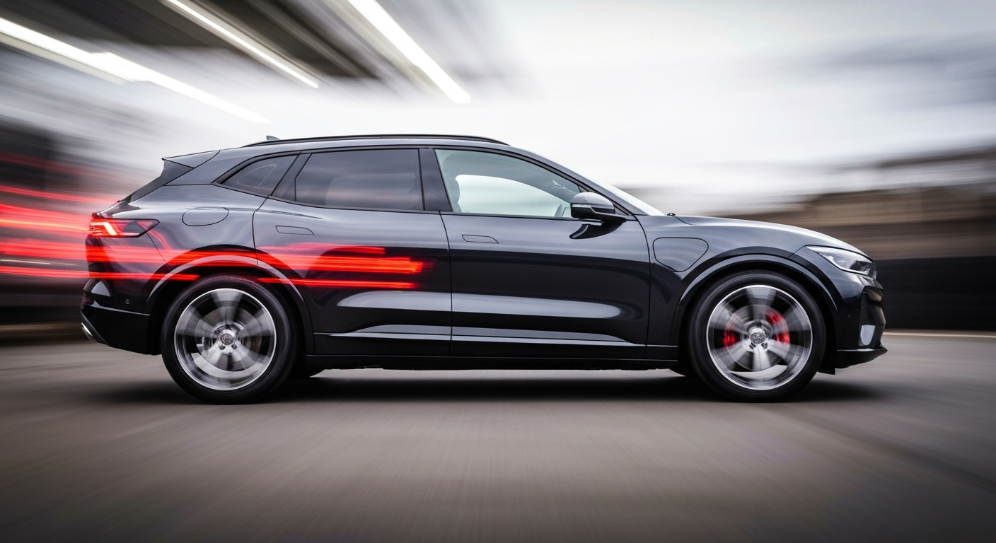 An abstract, blurred image of a sleek electric SUV in motion, conveying a sense of speed and advanced engineering through sweeping streaks of vibrant color.