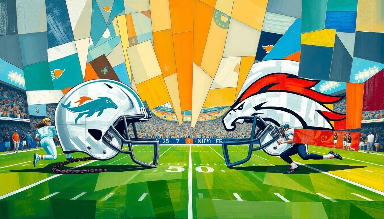 A cubist, geometric painting depicting a football game or match between the Miami Dolphins and Denver Broncos, with the players and field broken down into sharp, overlapping planes of color and shape, reflecting the fractured nature of the Waddle trade.