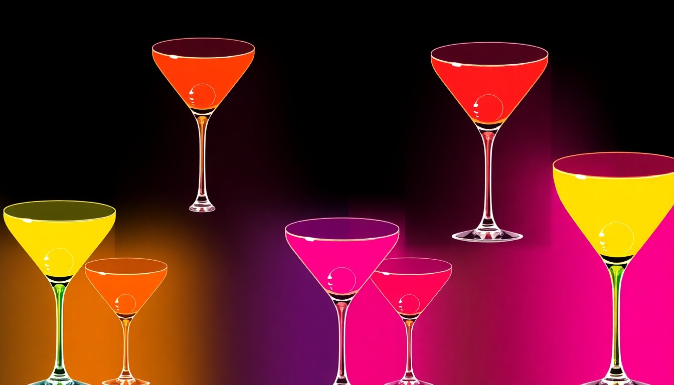 A vibrant, high-contrast silkscreen print of a single cocktail glass repeated in a grid, rendered in a bold neon color palette with heavy black outlines, conceptually representing the fusion of French and Vietnamese flavors at the Buvons cocktail bar.