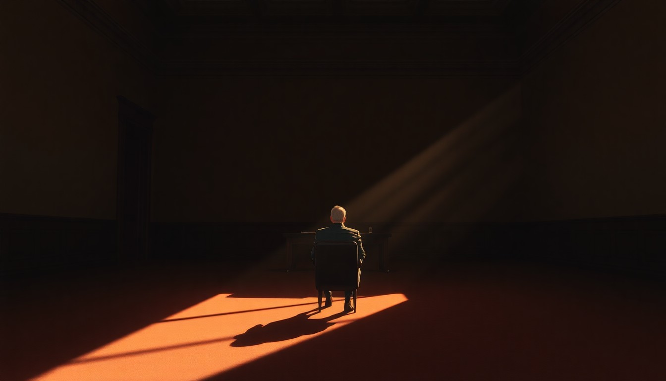 A cinematic painting of a lone government official sitting in an empty office, the room bathed in warm, diagonal sunlight and deep shadows, conceptually representing the uncertainty and tension surrounding the administration's budget proposal.