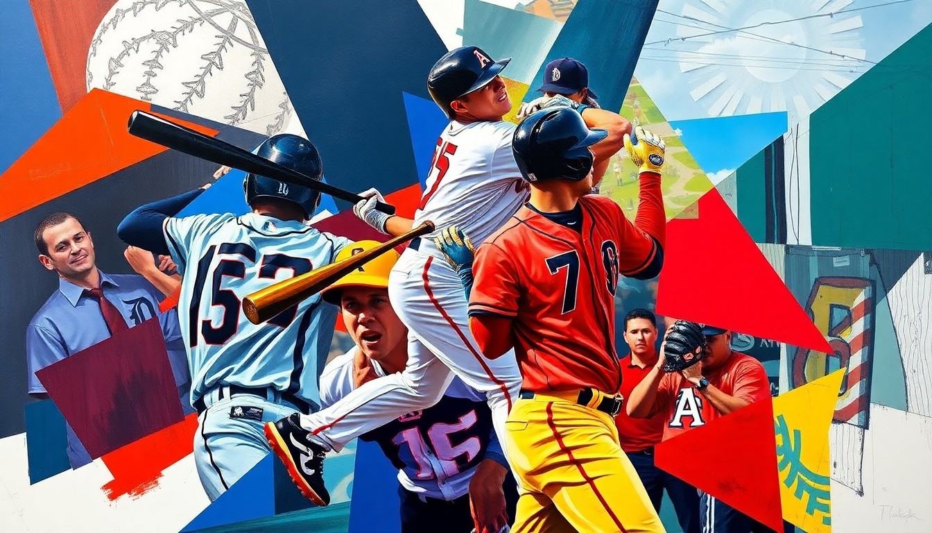 A cubist, geometric illustration depicting the dynamic motion of a baseball player's swing and the intense energy of a dramatic comeback victory, rendered in the bold colors of the competing teams.
