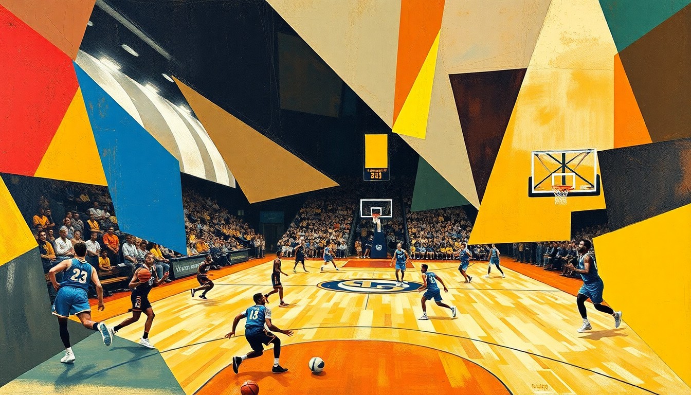A fractured, cubist-style painting depicting the dynamic action of a college basketball game, with players and the court abstracted into bold, angular shapes and planes of color.