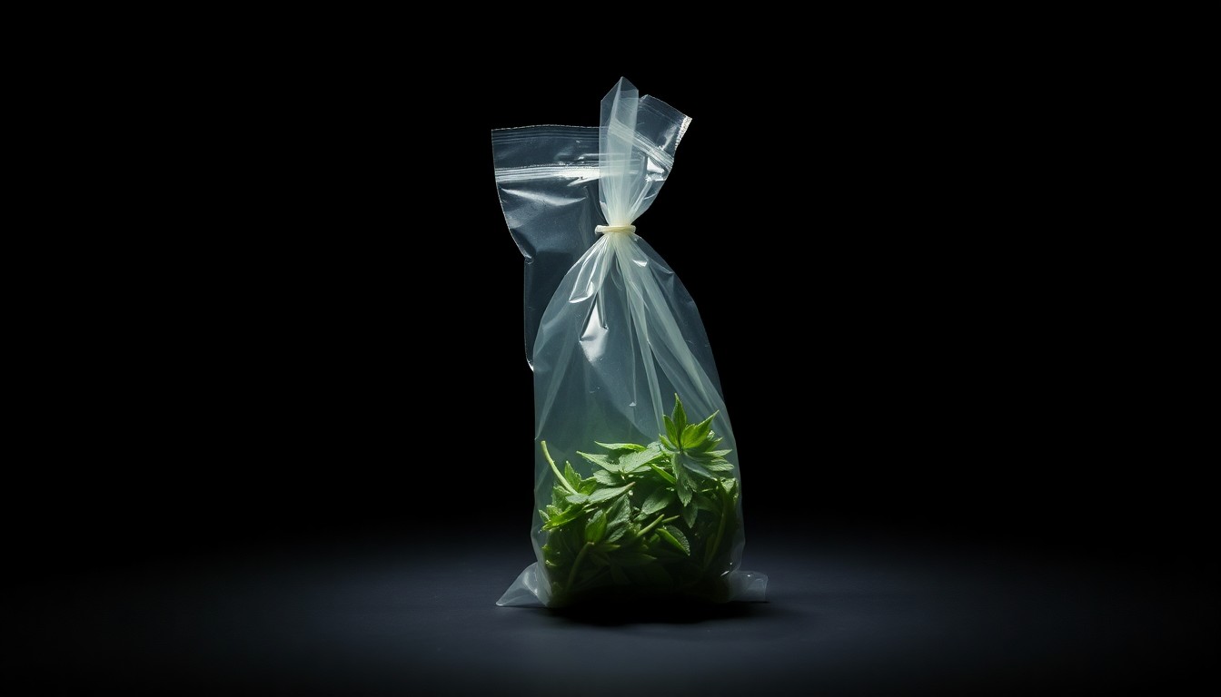 An extreme close-up photograph of a small plastic bag containing a green leafy substance, lit by a harsh, direct camera flash against a pitch-black background, conceptually illustrating the evidence seized in the arrest of an NFL player on drug charges.