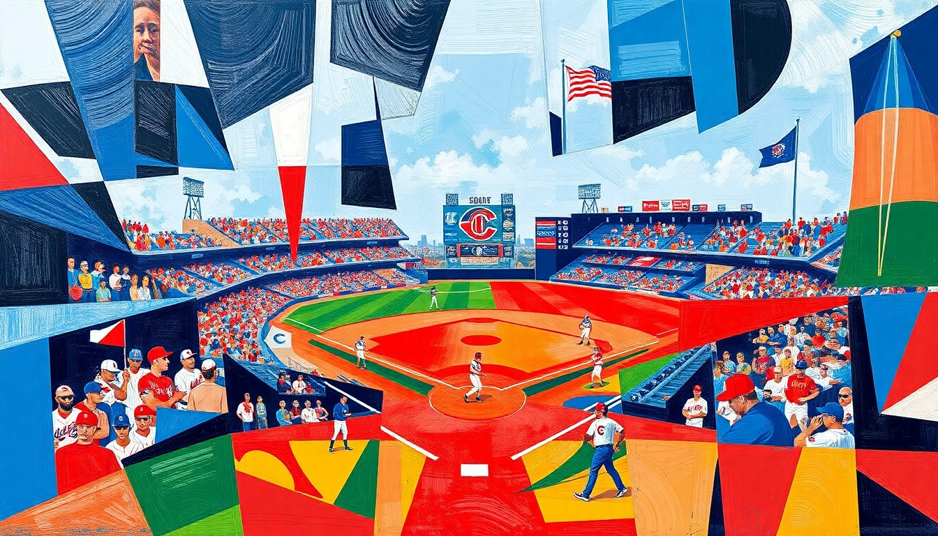 A fragmented, geometric painting depicting a baseball game or match, with sharp, overlapping shapes in the Guardians' team colors of navy blue, red, and white, conveying the raw athleticism and strategic depth of the sport.