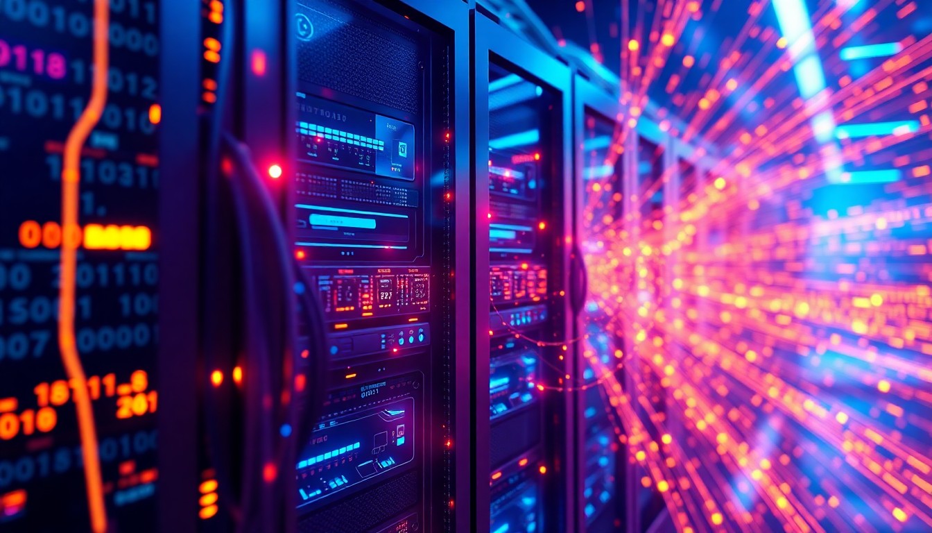 A highly detailed, glowing 3D macro illustration of a futuristic, neon-lit medical data server rack, with pulsing cables and circuits. The server rack is surrounded by a swirling vortex of binary code and digital artifacts, conceptually representing the breach of sensitive healthcare data.