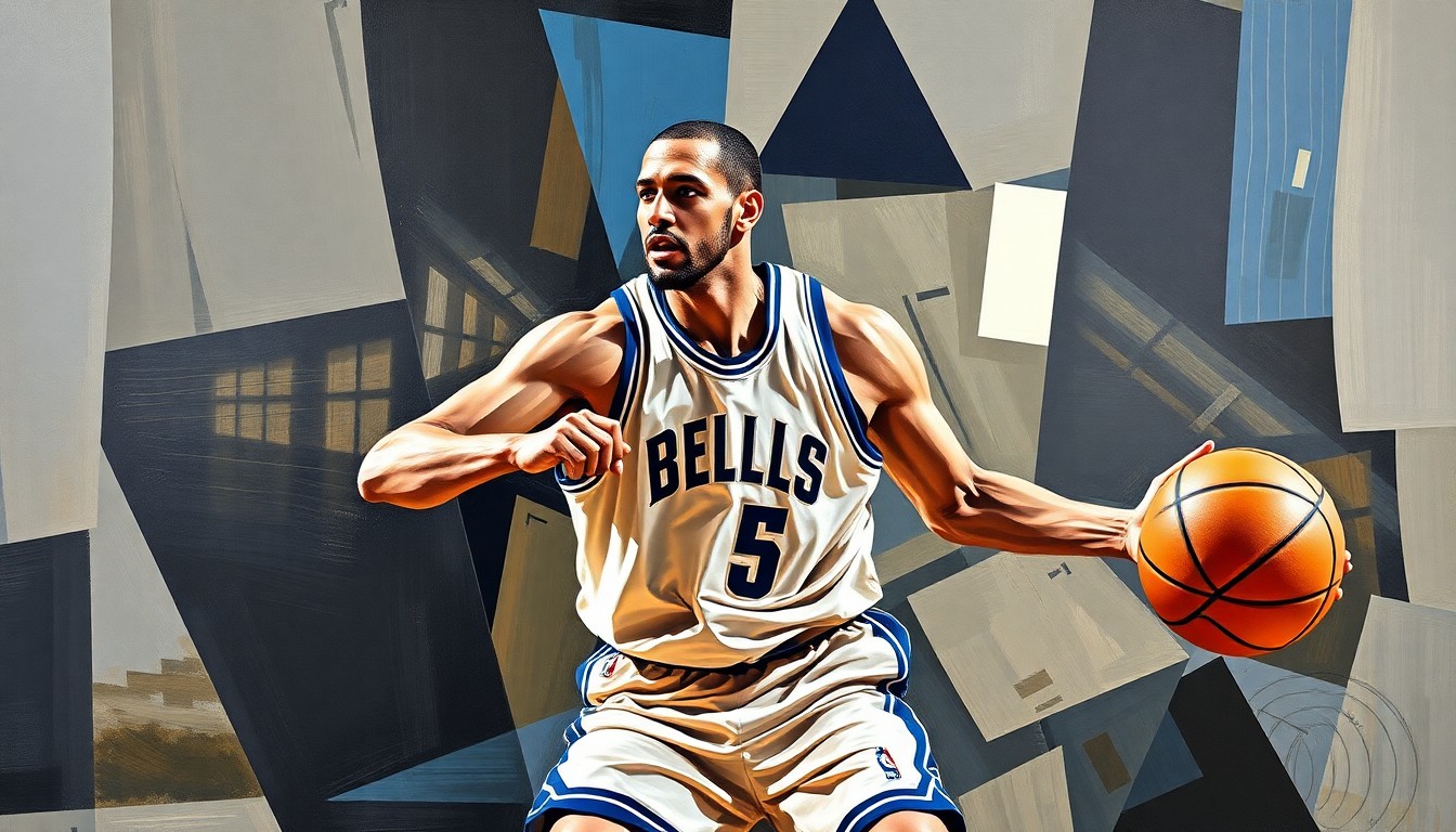 A fractured, multi-perspective painting depicting the dynamic movements and actions of a basketball player, with sharp, overlapping geometric shapes in vibrant colors capturing the energy and athleticism of the sport.