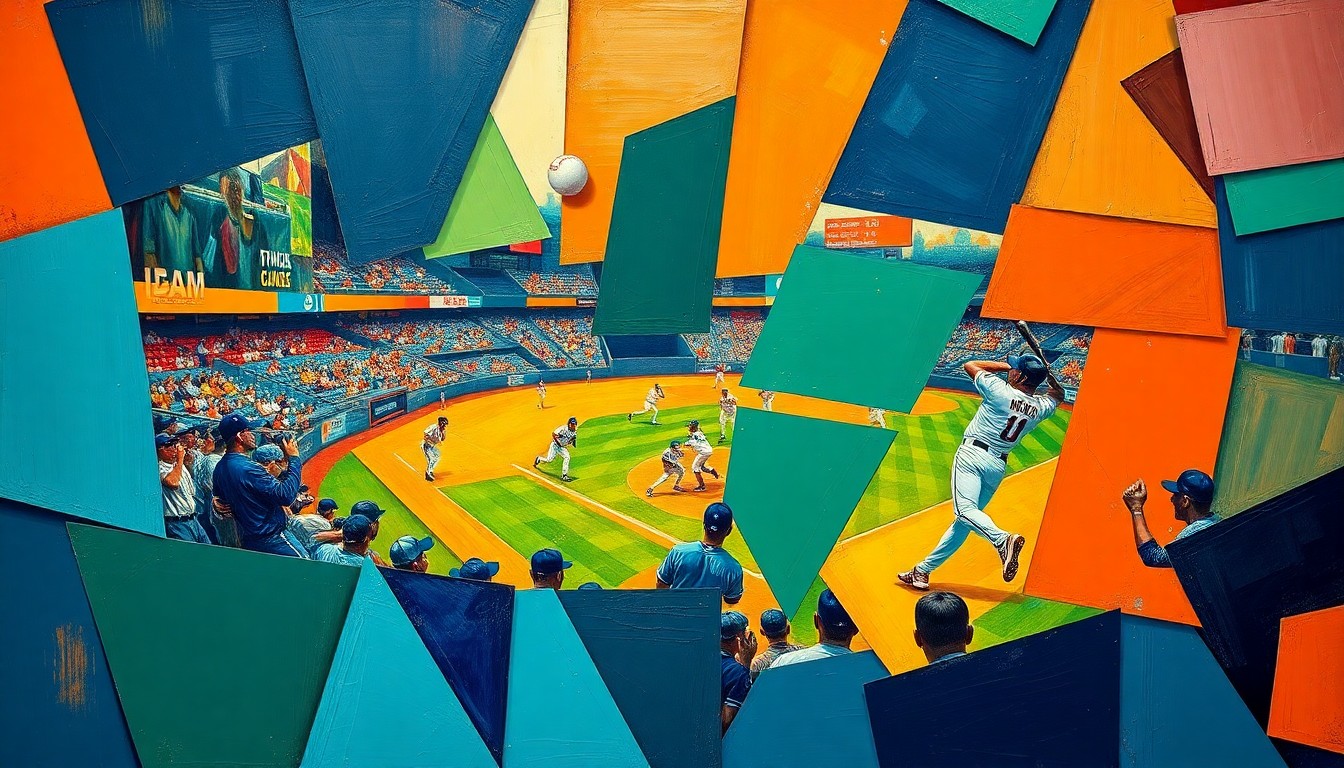 A cubist-style painting depicting fragmented, geometric shapes and planes in shades of blue, green, and orange, representing the hidden talents and potential of the Giants' lesser-known prospects.